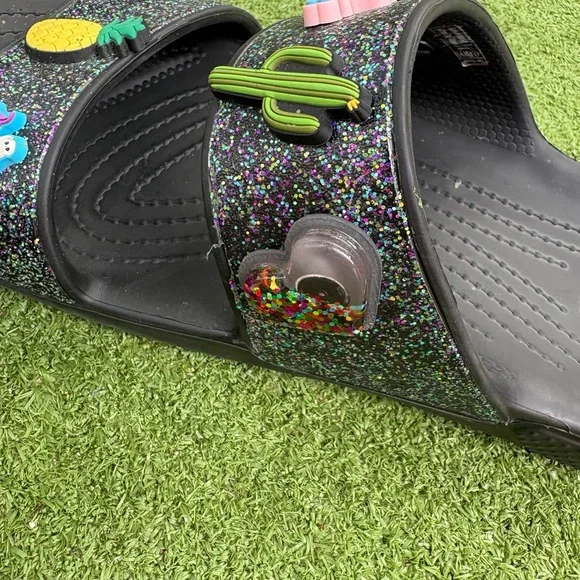 CROCS Black Glitter Sandals with Colorful Charms - Picture 4 of 8